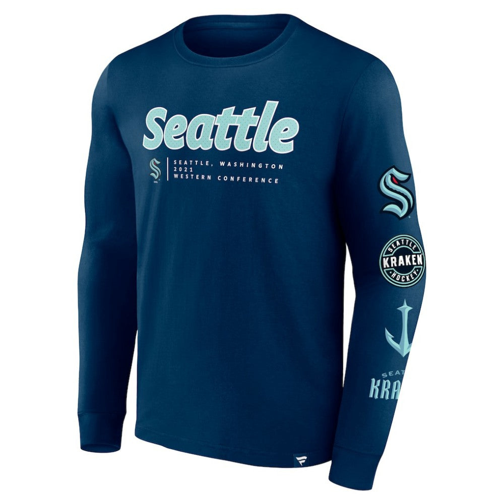 NHL Seattle Kraken Fanatics Strike the Goal Long Sleeve T-Shirt - Deep Sea Blue