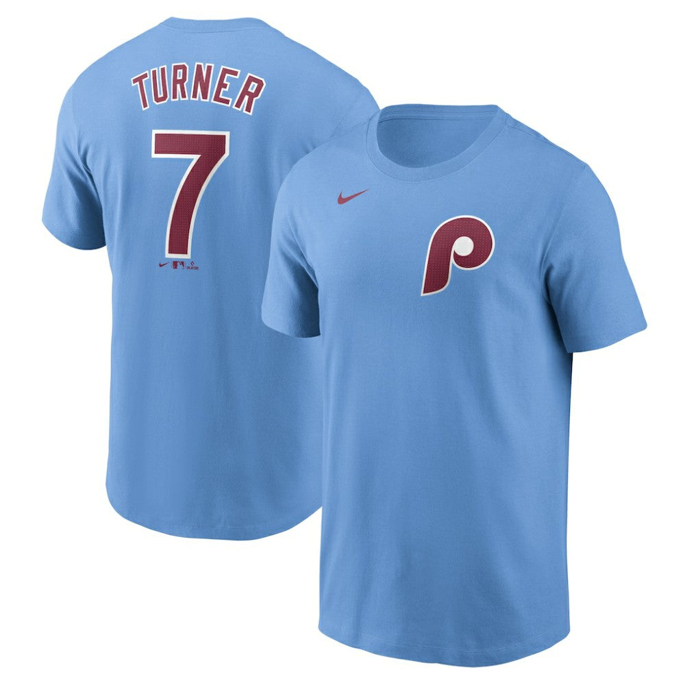 Trea Turner Philadelphia Phillies Nike Fuse Name & Number T-Shirt - Light Blue T-shirts