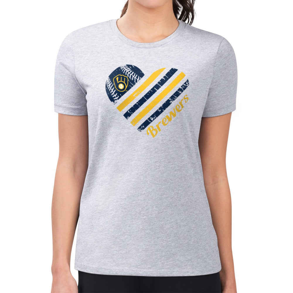 Milwaukee Brewers G-III 4Her by Carl Banks Women's Super-Slim Fit Lightweight Heart Graphic T-Shirt - Heather Gray T-shirts