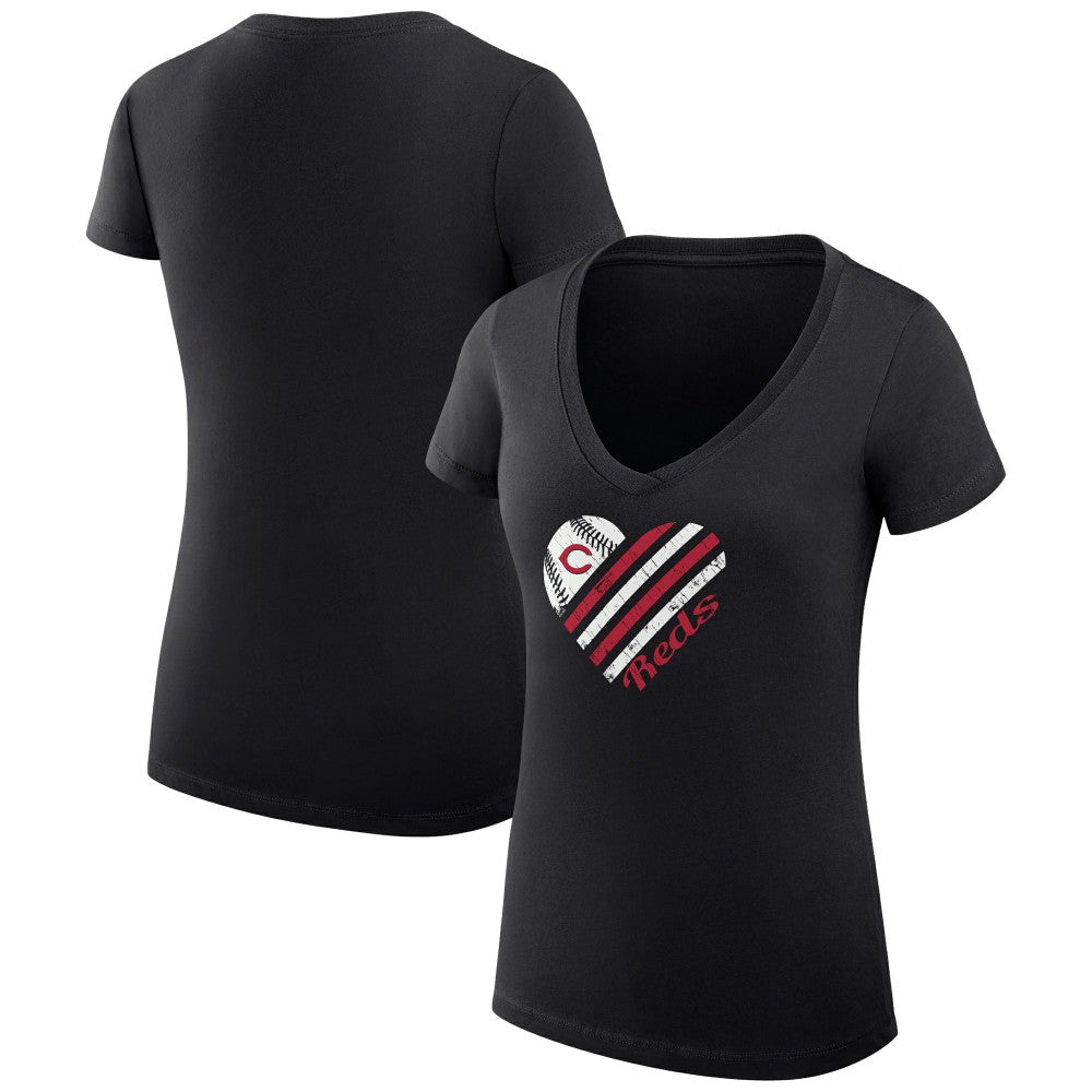Cincinnati Reds G-III 4Her by Carl Banks Women's Super-Slim Fit Lightweight Heart V-Neck T-Shirt - Black T-shirts