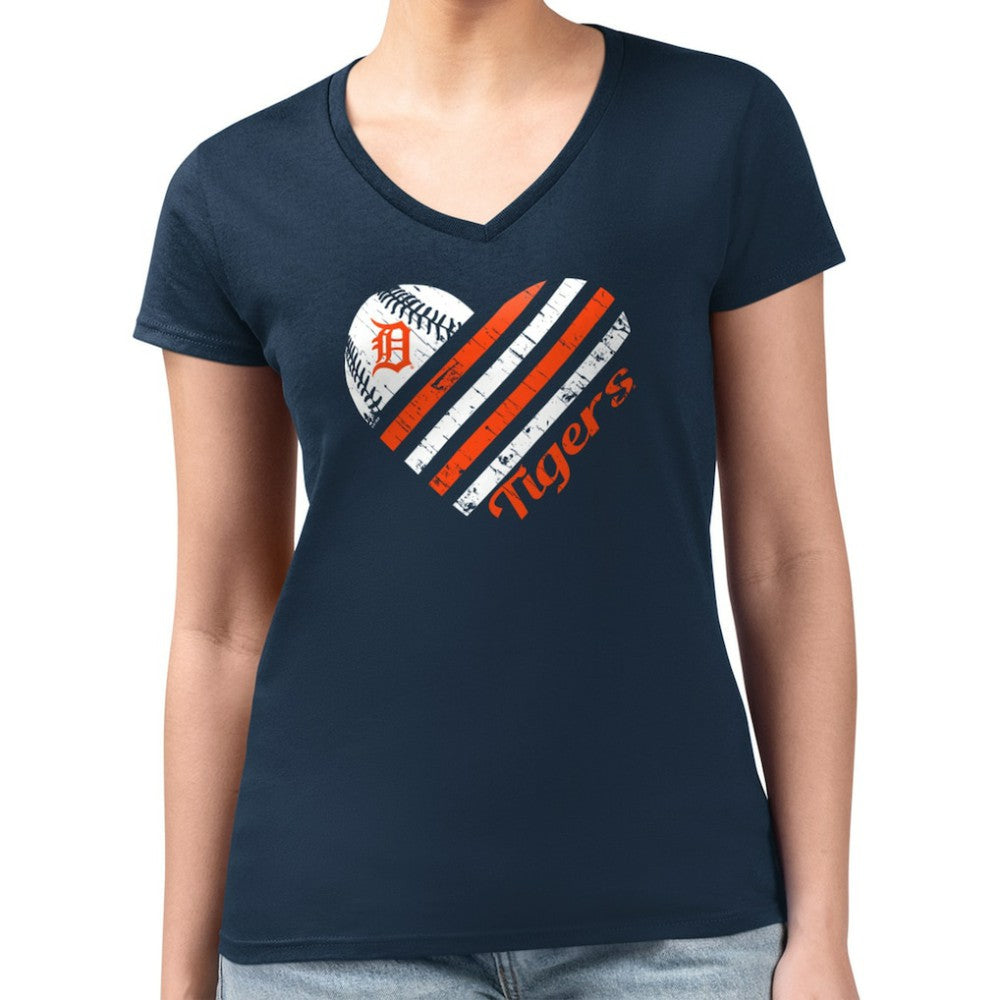 Detroit Tigers G-III 4Her by Carl Banks Women's Super-Slim Fit Lightweight Heart V-Neck T-Shirt - Navy T-shirts