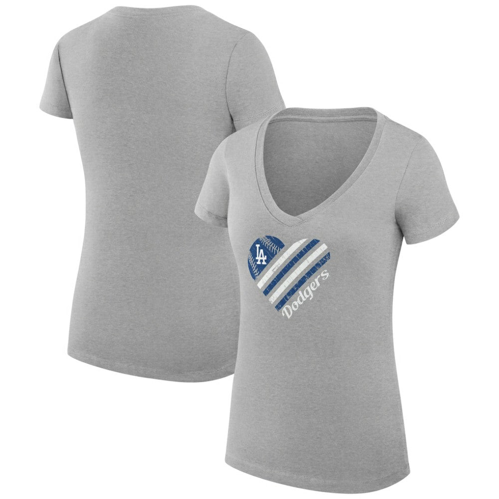 Los Angeles Dodgers G-III 4Her by Carl Banks Women's Super-Slim Fit Lightweight Heart V-Neck T-Shirt - Heather Gray T-shirts