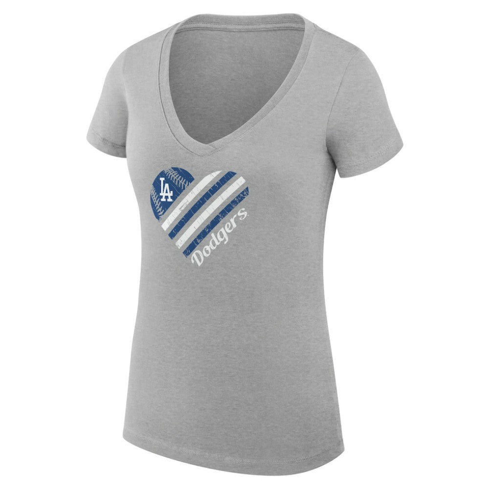 Los Angeles Dodgers G-III 4Her by Carl Banks Women's Super-Slim Fit Lightweight Heart V-Neck T-Shirt - Heather Gray T-shirts