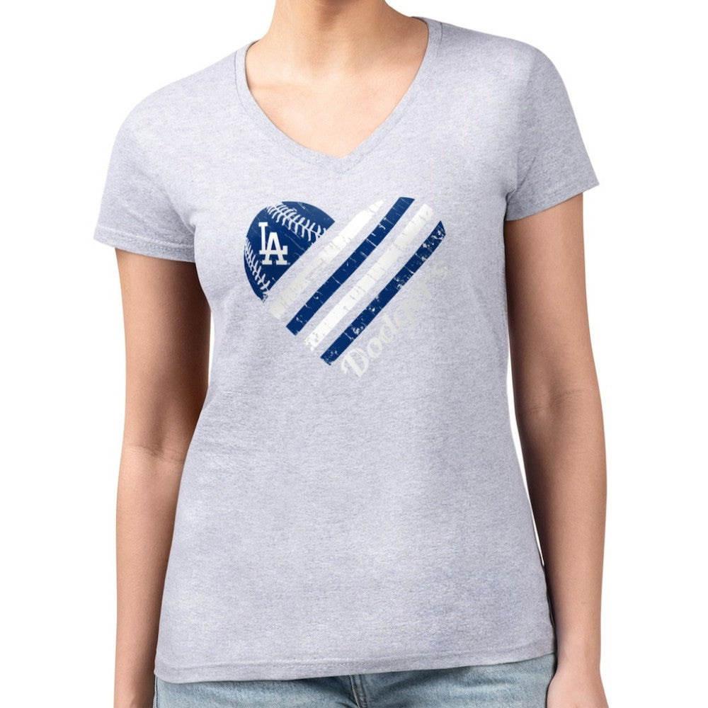 Los Angeles Dodgers G-III 4Her by Carl Banks Women's Super-Slim Fit Lightweight Heart V-Neck T-Shirt - Heather Gray T-shirts