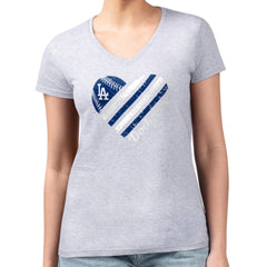 Los Angeles Dodgers G-III 4Her by Carl Banks Women's Super-Slim Fit Lightweight Heart V-Neck T-Shirt - Heather Gray T-shirts