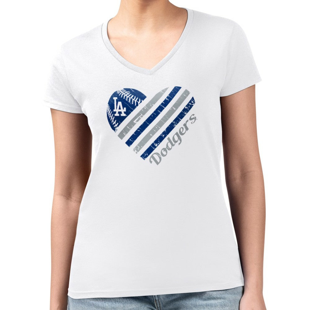 Los Angeles Dodgers G-III 4Her by Carl Banks Women's Super-Slim Fit Lightweight Heart V-Neck T-Shirt - White T-shirts