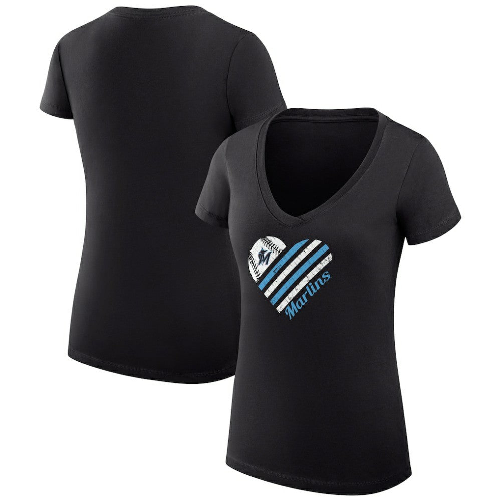 Miami Marlins G-III 4Her by Carl Banks Women's Super-Slim Fit Lightweight Heart V-Neck T-Shirt - Black T-shirts