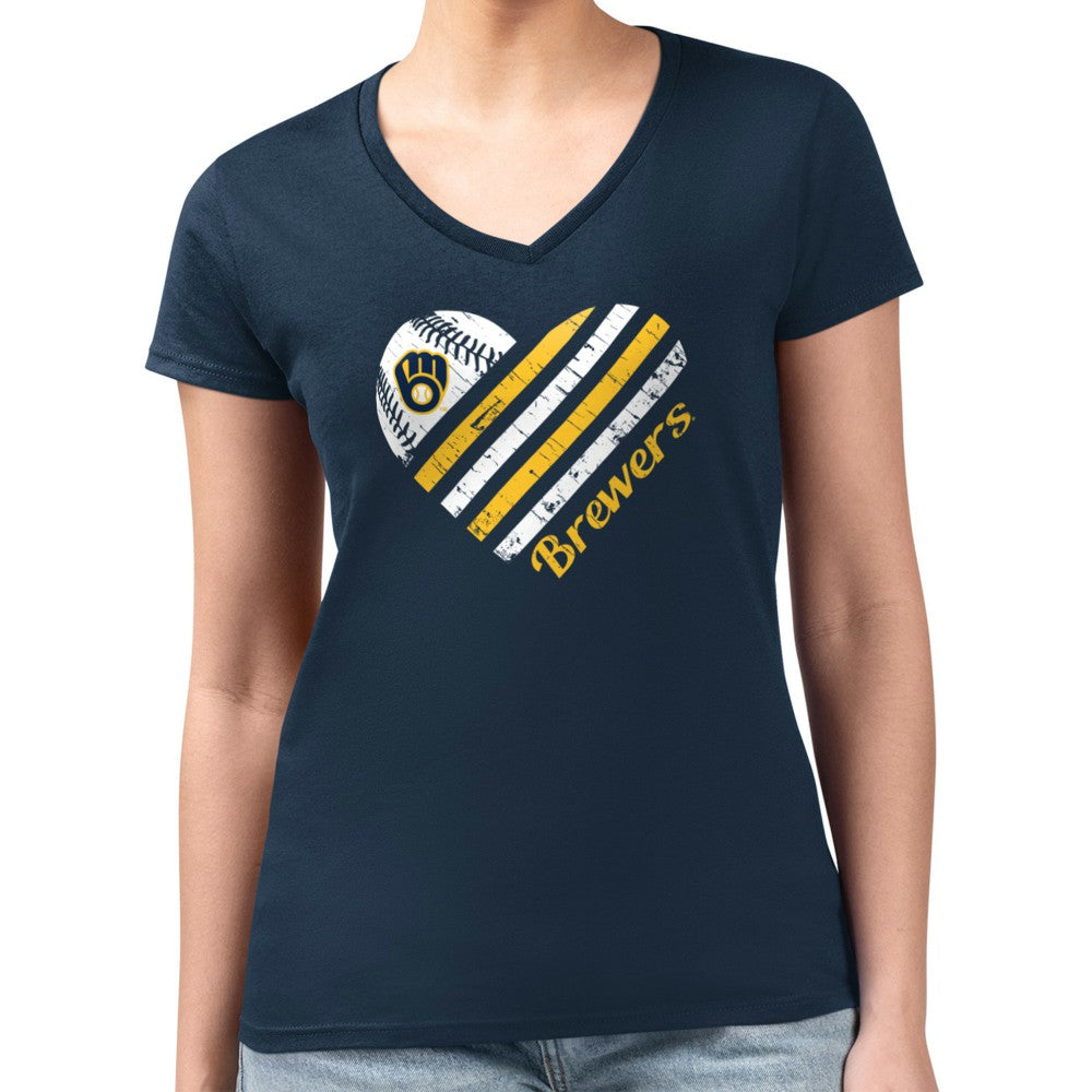 Milwaukee Brewers G-III 4Her by Carl Banks Women's Super-Slim Fit Lightweight Heart V-Neck T-Shirt - Navy T-shirts