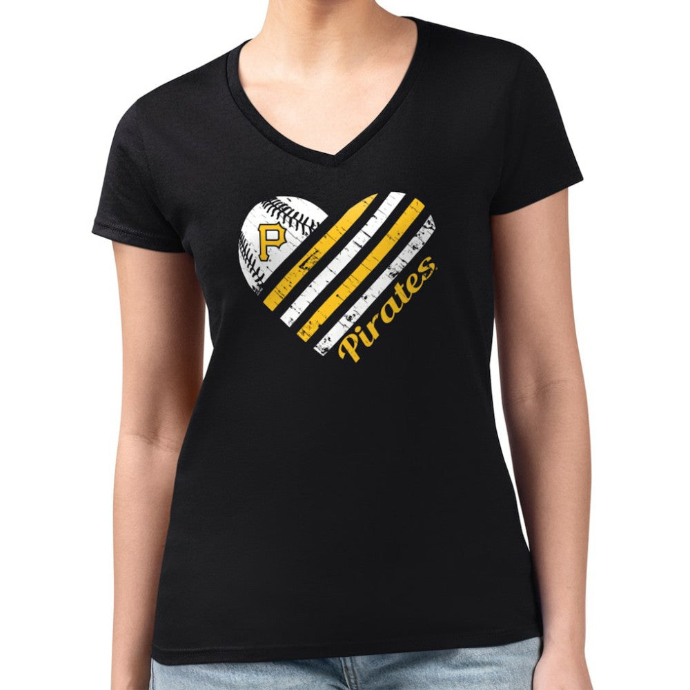 Pittsburgh Pirates G-III 4Her by Carl Banks Women's Super-Slim Fit Lightweight Heart V-Neck T-Shirt - Black T-shirts