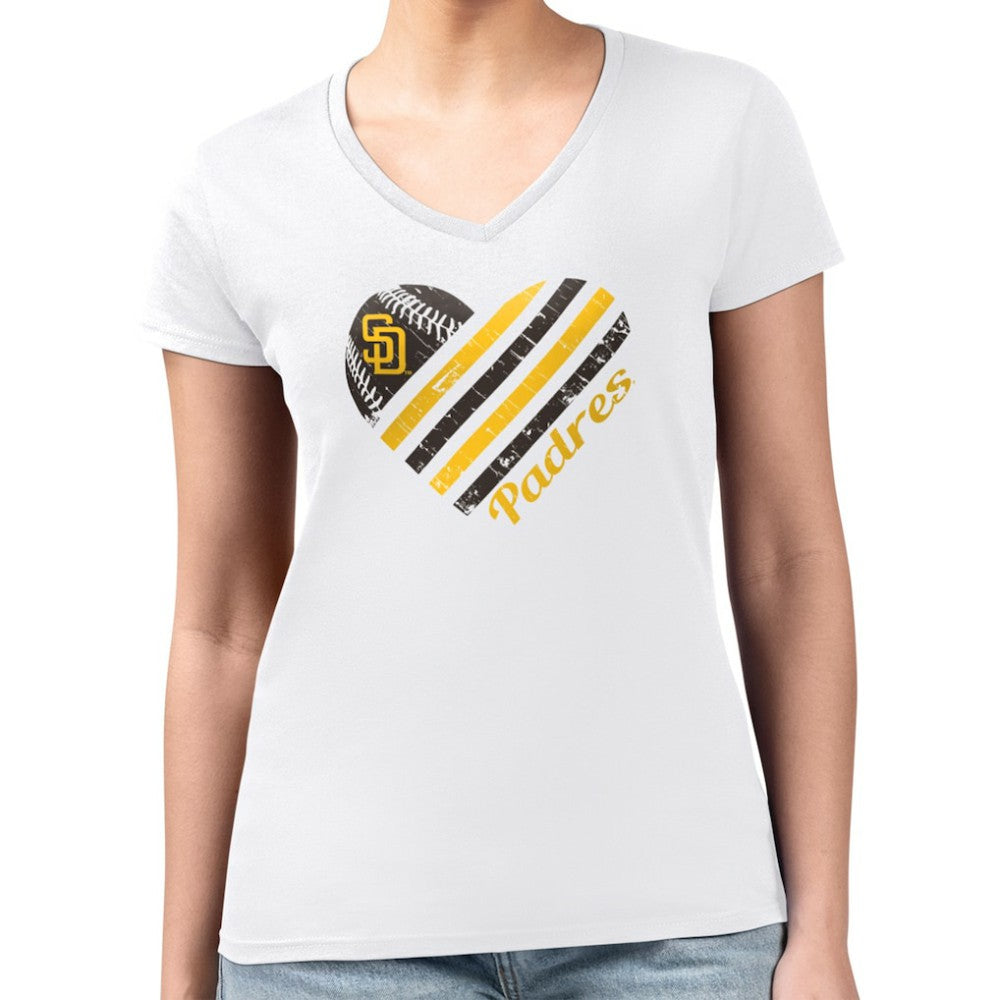 San Diego Padres G-III 4Her by Carl Banks Women's Super-Slim Fit Lightweight Heart V-Neck T-Shirt - White T-shirts