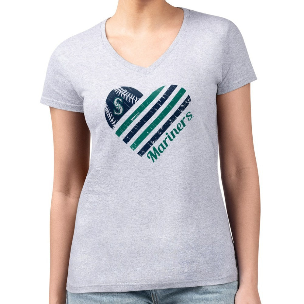 Seattle Mariners G-III 4Her by Carl Banks Women's Super-Slim Fit Lightweight Heart V-Neck T-Shirt - Heather Gray T-shirts