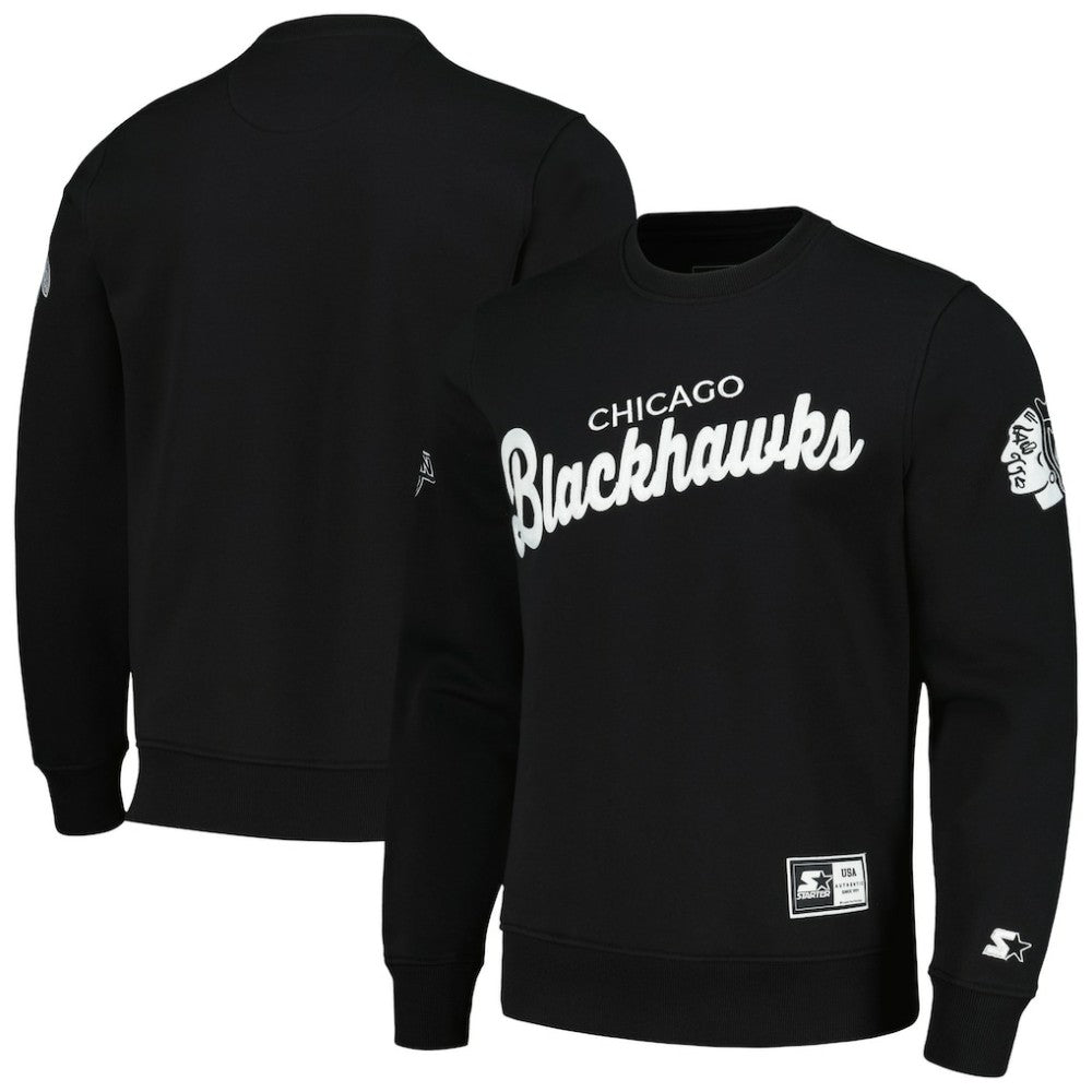 NHL Chicago Blackhawks Starter x NHL Black Ice Cross Check Pullover Sweatshirt - Black