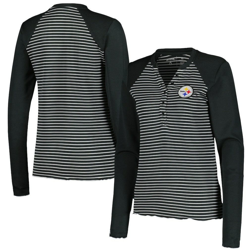 Pittsburgh Steelers Antigua Women's Maverick Waffle Henley Long Sleeve T-Shirt Black