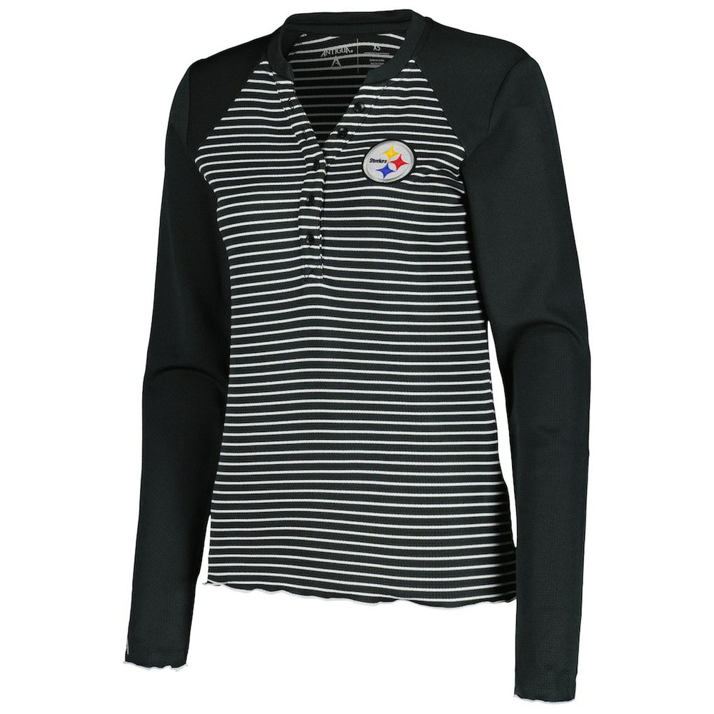 Pittsburgh Steelers Antigua Women's Maverick Waffle Henley Long Sleeve T-Shirt Black