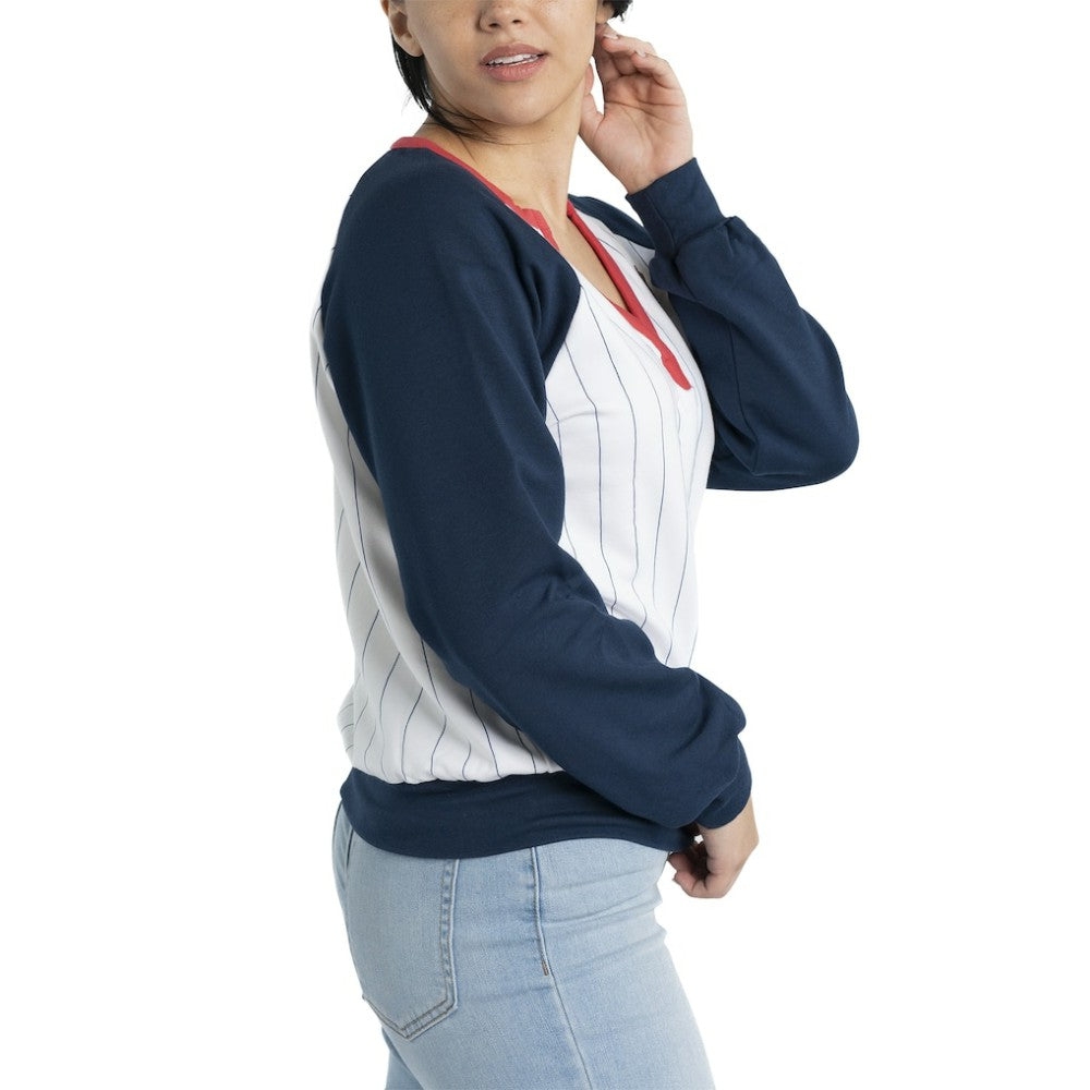 Atlanta Braves Lusso Women's Mack Fleece V-Neck Pullover Top - White/Navy Pullover