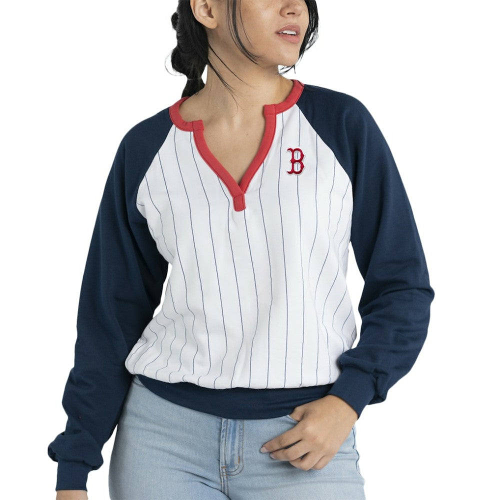 Boston Red Sox Lusso Women's Mack Fleece V-Neck Pullover Top - White/Navy Pullover