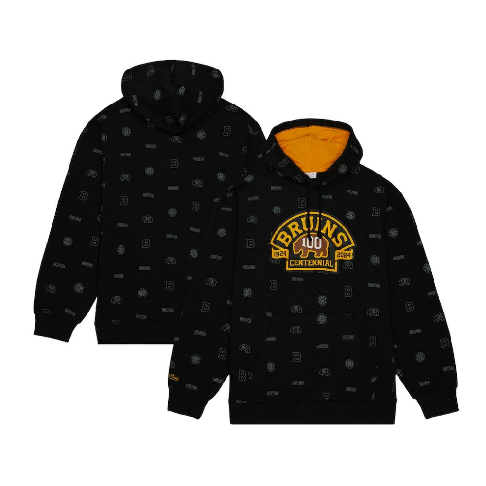 NHL Boston Bruins Mitchell & Ness 100th Anniversary Allover Print Pullover Hoodie - Black
