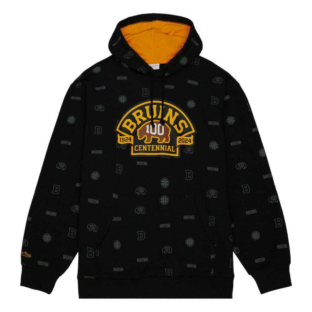 NHL Boston Bruins Mitchell & Ness 100th Anniversary Allover Print Pullover Hoodie - Black