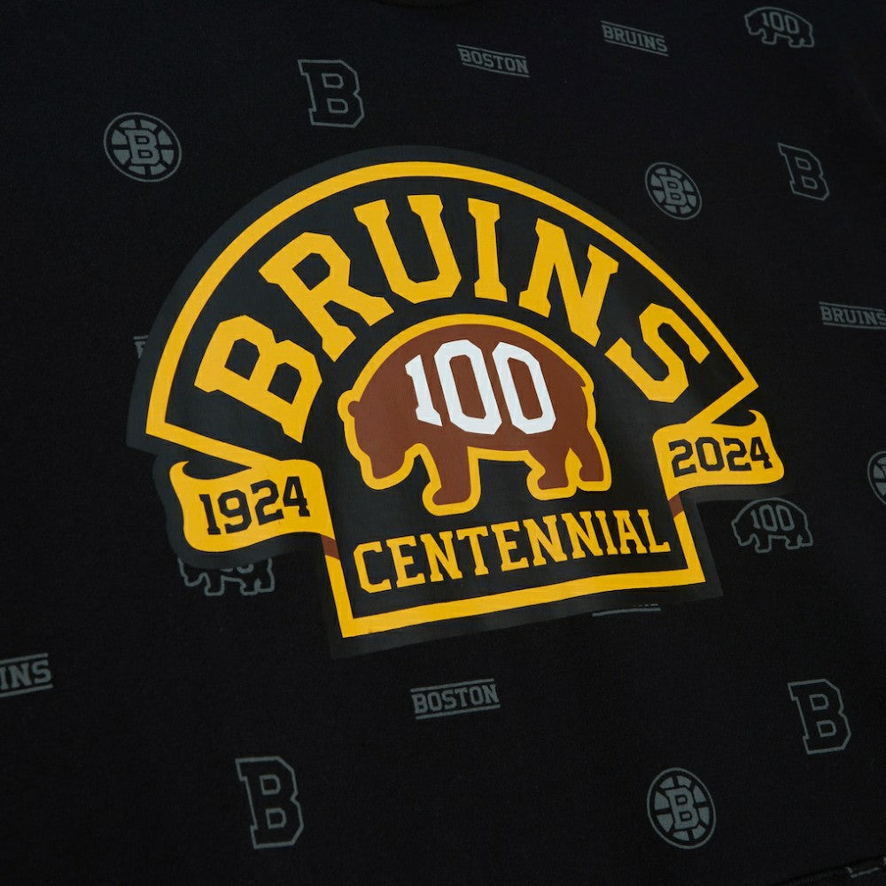 NHL Boston Bruins Mitchell & Ness 100th Anniversary Allover Print Pullover Hoodie - Black