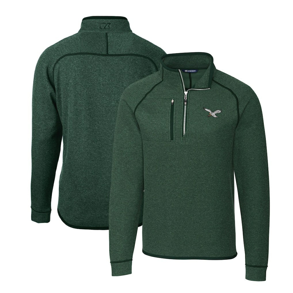 Philadelphia Eagles Cutter & Buck Gridiron Classics Big & Tall Mainsail Sweater-Knit Half-Zip Pullover Jacket Heather Green