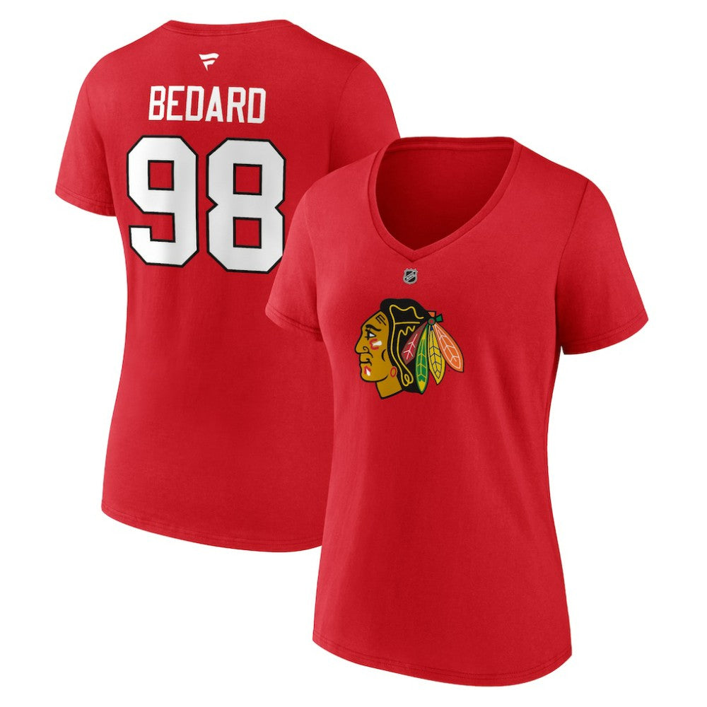 NHL Connor Bedard Chicago Blackhawks Fanatics Women's Authentic Stack Name & Number V-Neck T-Shirt - Red