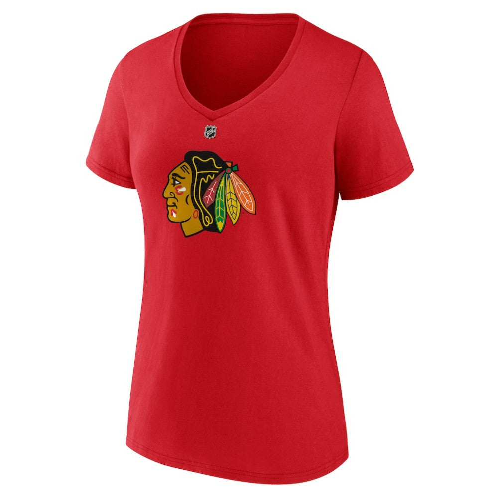 NHL Connor Bedard Chicago Blackhawks Fanatics Women's Authentic Stack Name & Number V-Neck T-Shirt - Red
