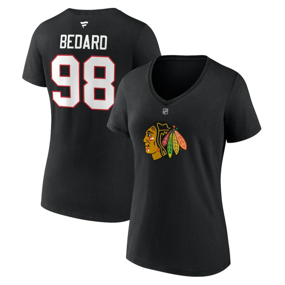 NHL Connor Bedard Chicago Blackhawks Fanatics Women's Authentic Stack Name & Number V-Neck T-Shirt - Black