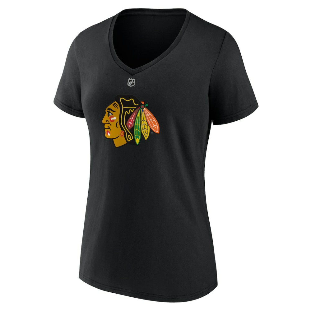 NHL Connor Bedard Chicago Blackhawks Fanatics Women's Authentic Stack Name & Number V-Neck T-Shirt - Black
