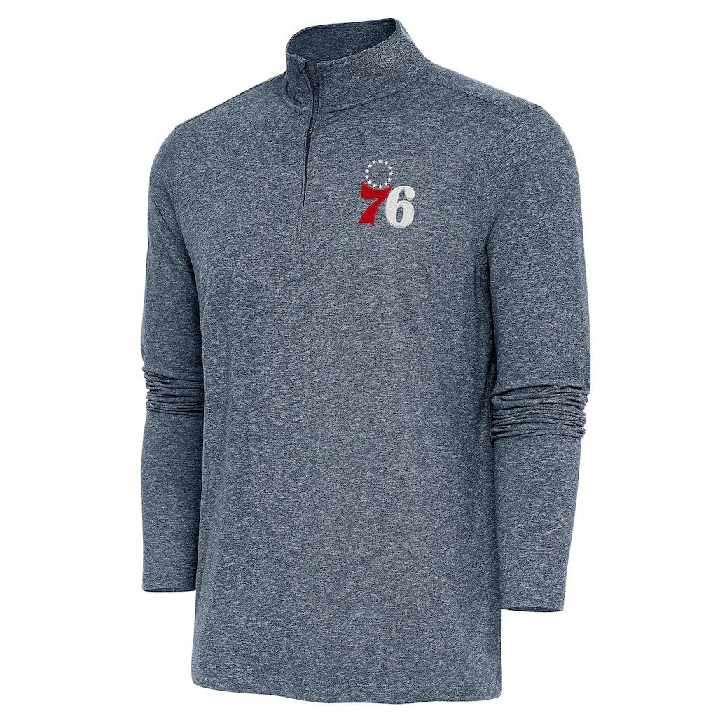 Philadelphia 76ers Antigua Hunk Quarter-Zip Pullover Top Heather Navy