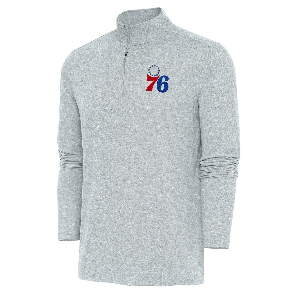 Philadelphia 76ers Antigua Hunk Quarter-Zip Pullover Top Heather Gray