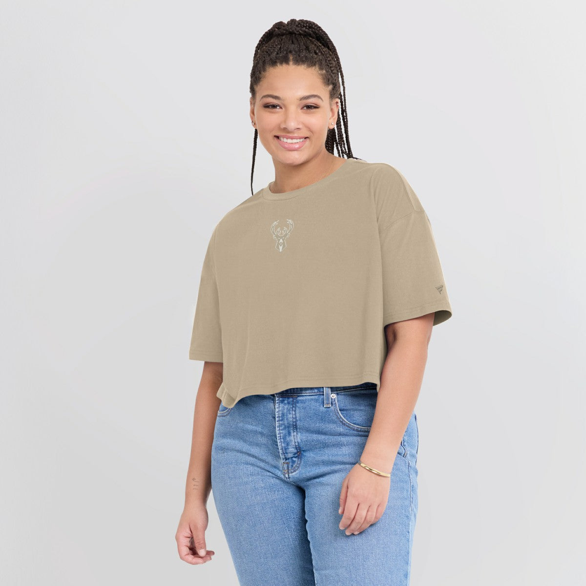 Milwaukee Bucks Women's Elements Super Soft Boxy Cropped T-Shirt Khaki