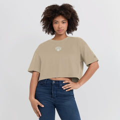 New York Knicks Women's Elements Super Soft Boxy Cropped T-Shirt Khaki