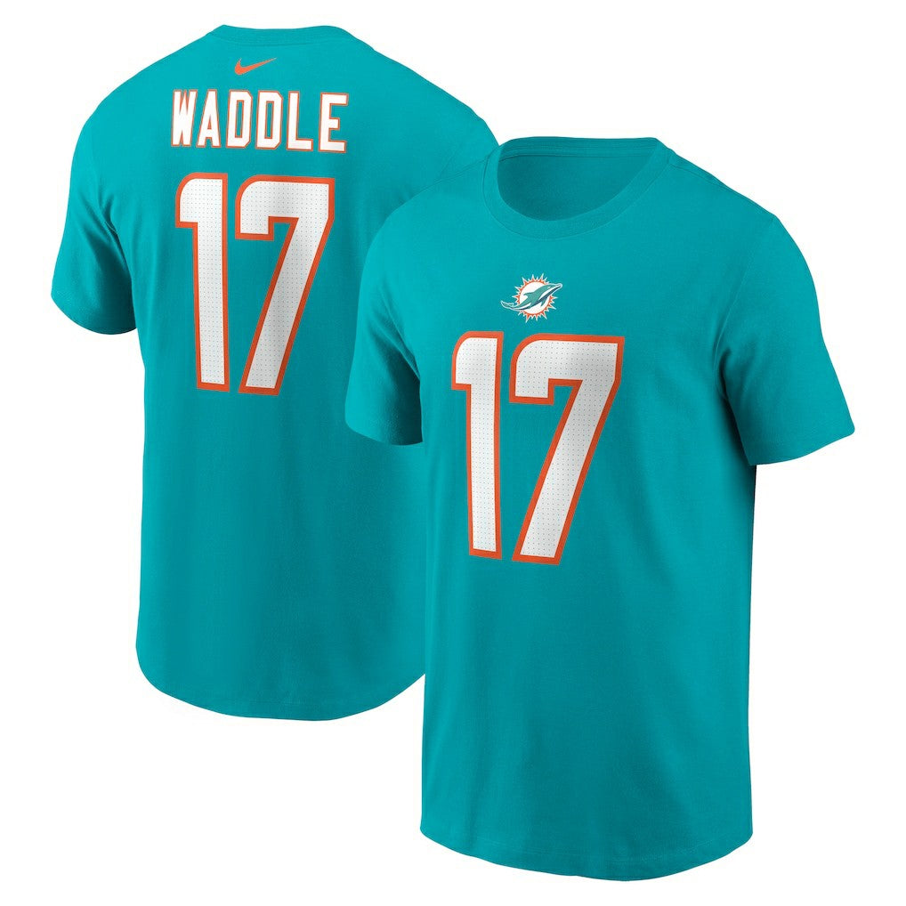 Jaylen Waddle Miami Dolphins Player Name & Number T-Shirt Aqua