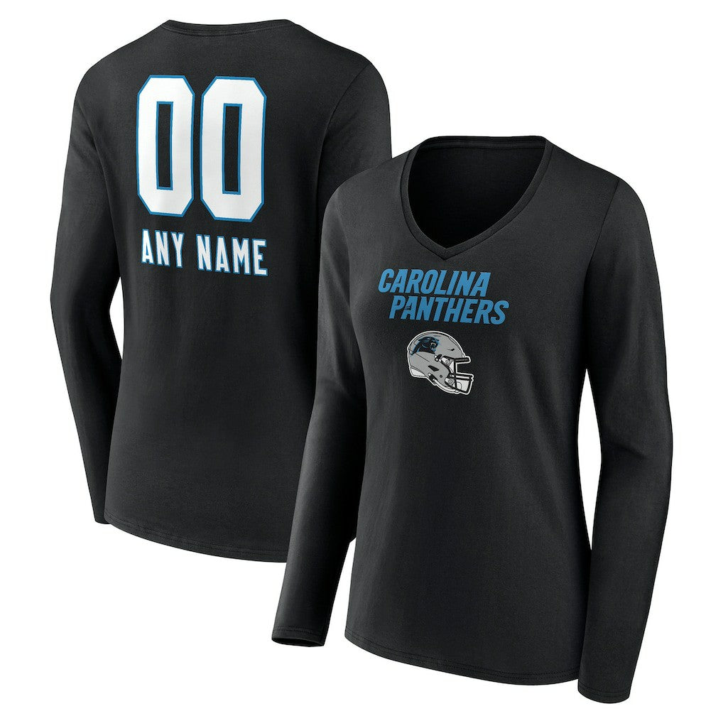 Carolina Panthers Women's Personalized Name & Number Team Wordmark Long Sleeve V-Neck T-Shirt Black