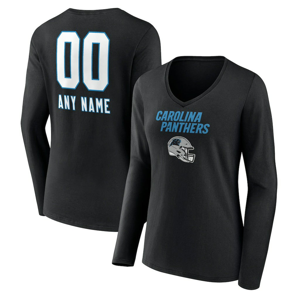 Carolina Panthers Women's Personalized Name & Number Team Wordmark Long Sleeve V-Neck T-Shirt Black
