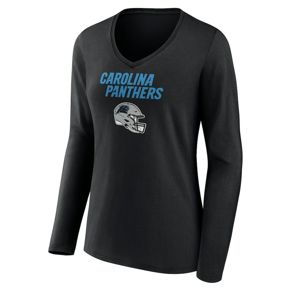 Carolina Panthers Women's Personalized Name & Number Team Wordmark Long Sleeve V-Neck T-Shirt Black