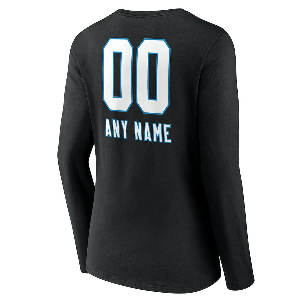 Carolina Panthers Women's Personalized Name & Number Team Wordmark Long Sleeve V-Neck T-Shirt Black