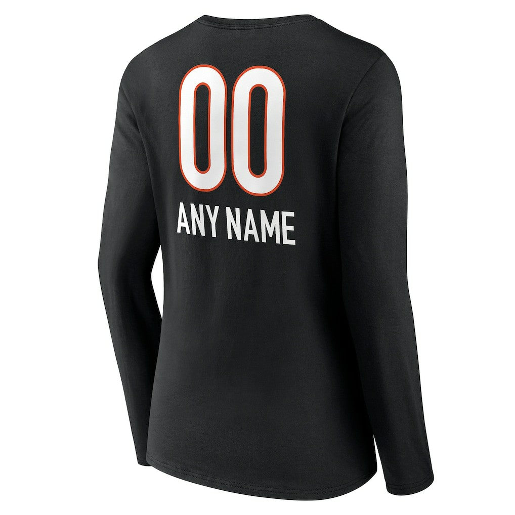 Cincinnati Bengals Women's Personalized Name & Number Team Wordmark Long Sleeve V-Neck T-Shirt Black