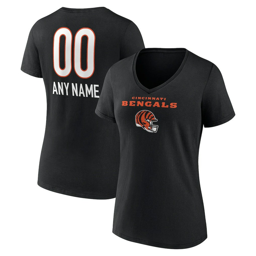 Cincinnati Bengals Women's Personalized Name & Number Team Wordmark V-Neck T-Shirt Black