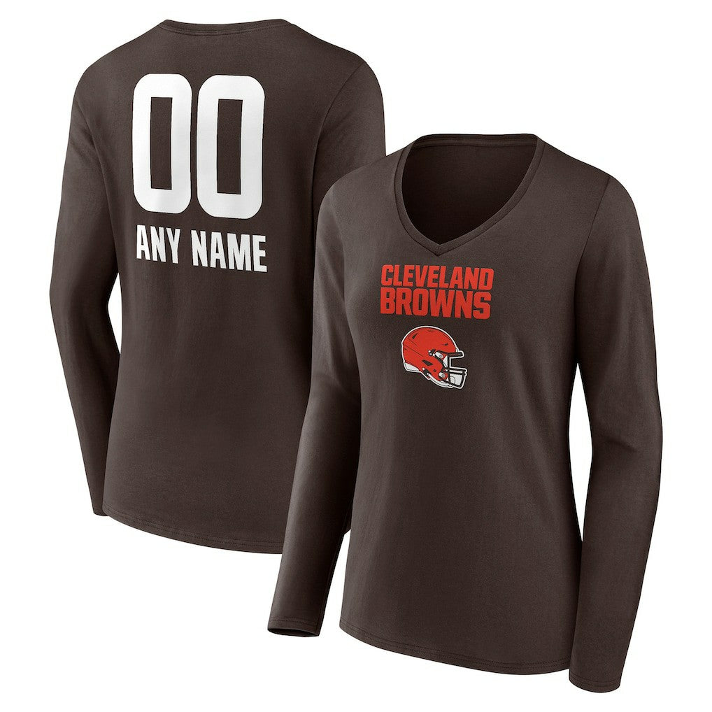 Cleveland Browns Women's Personalized Name & Number Team Wordmark Long Sleeve V-Neck T-Shirt Brown