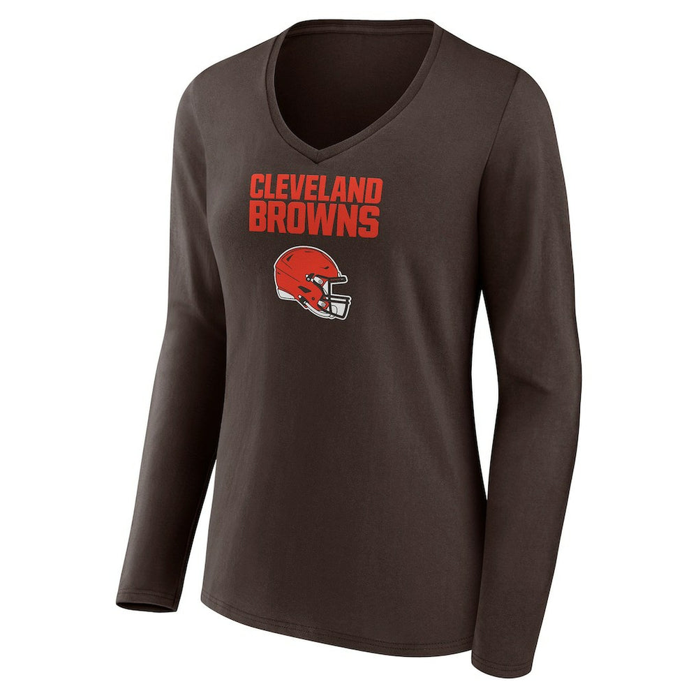 Cleveland Browns Women's Personalized Name & Number Team Wordmark Long Sleeve V-Neck T-Shirt Brown