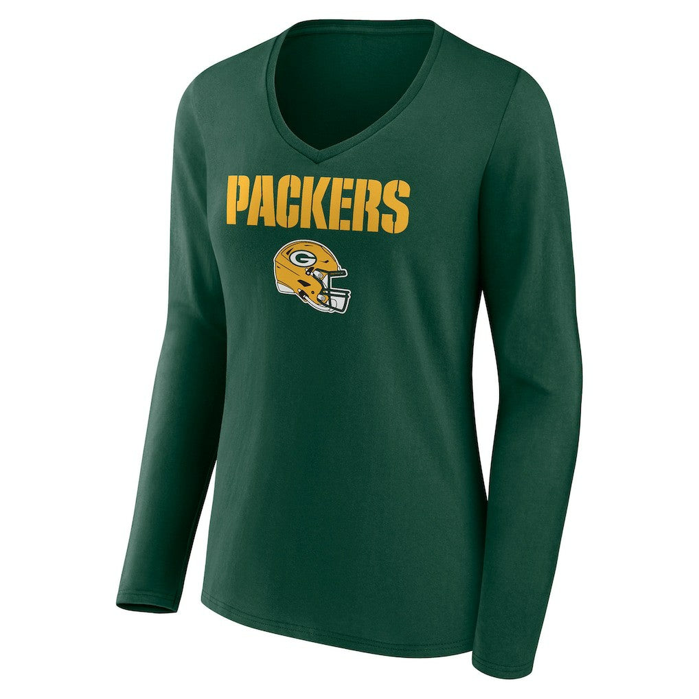 Green Bay Packers Women's Personalized Name & Number Team Wordmark Long Sleeve V-Neck T-Shirt Green