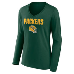 Green Bay Packers Women's Personalized Name & Number Team Wordmark Long Sleeve V-Neck T-Shirt Green