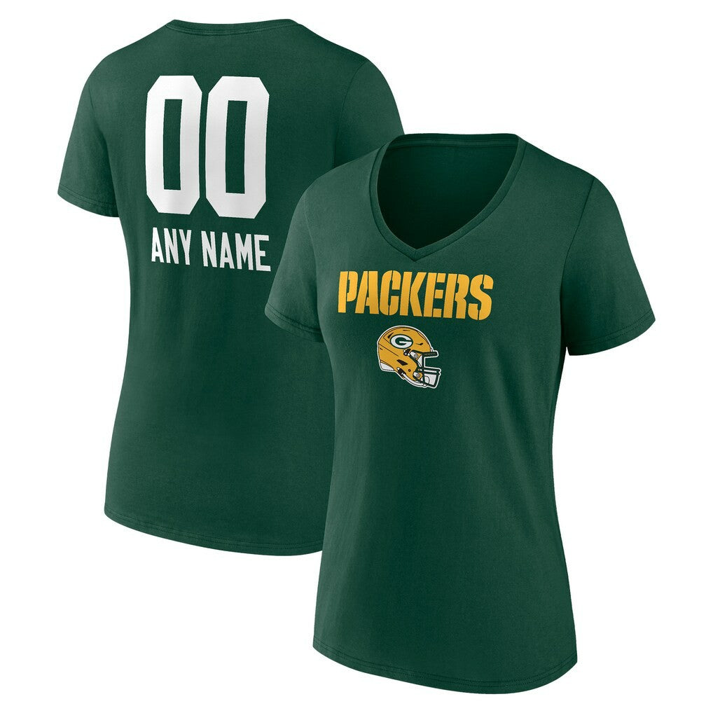 Green Bay Packers Women's Personalized Name & Number Team Wordmark V-Neck T-Shirt Green