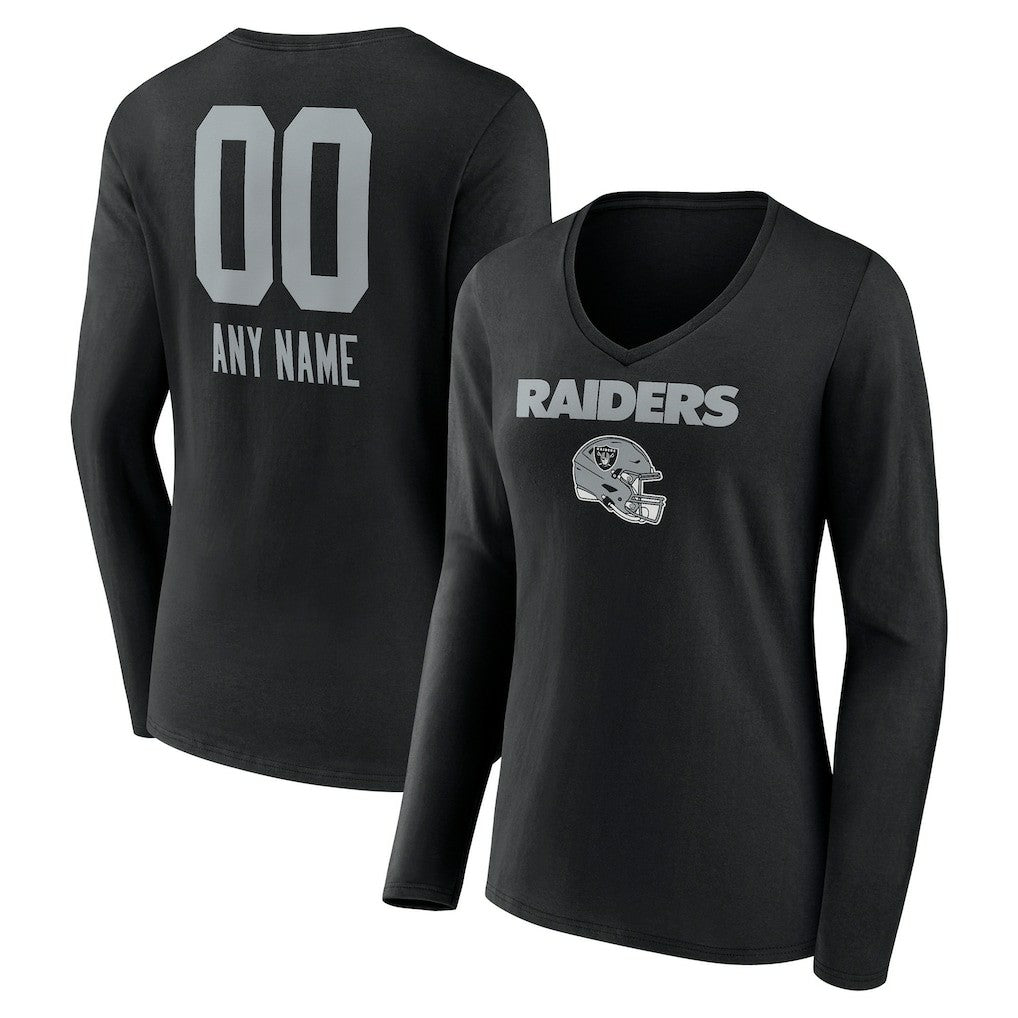Las Vegas Raiders Women's Personalized Name & Number Team Wordmark Long Sleeve V-Neck T-Shirt Black