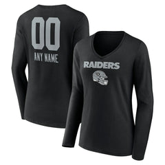 Las Vegas Raiders Women's Personalized Name & Number Team Wordmark Long Sleeve V-Neck T-Shirt Black