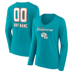 Miami Dolphins Women's Personalized Name & Number Team Wordmark Long Sleeve V-Neck T-Shirt Aqua