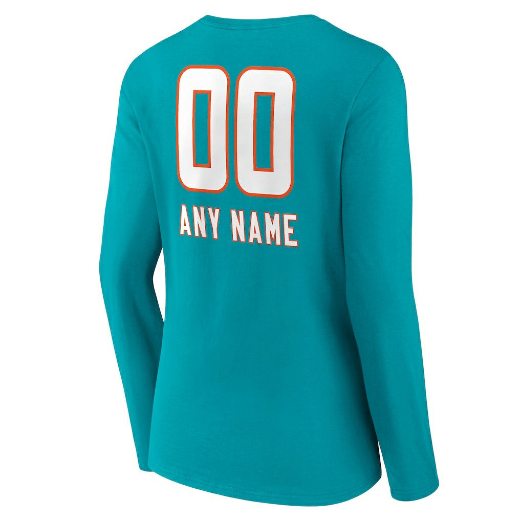 Miami Dolphins Women's Personalized Name & Number Team Wordmark Long Sleeve V-Neck T-Shirt Aqua