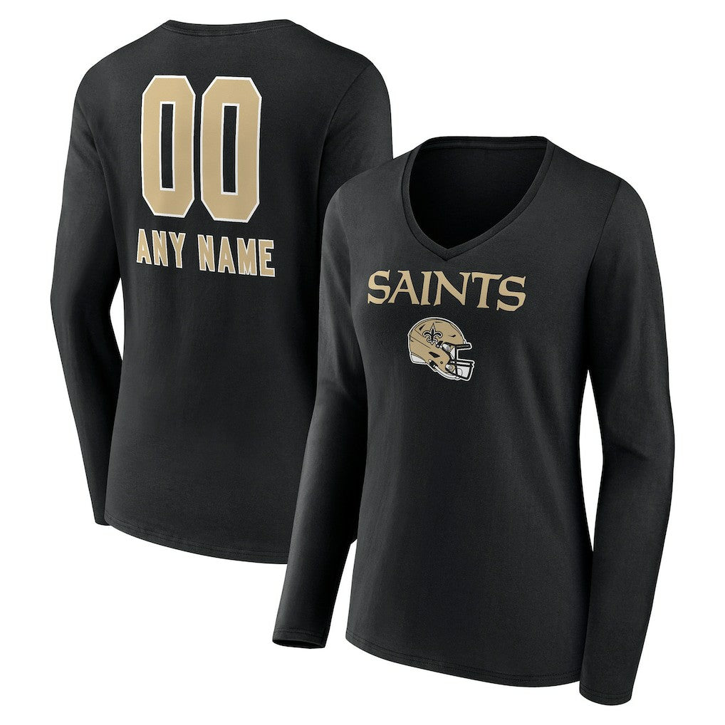 New Orleans Saints Women's Personalized Name & Number Team Wordmark Long Sleeve V-Neck T-Shirt Black