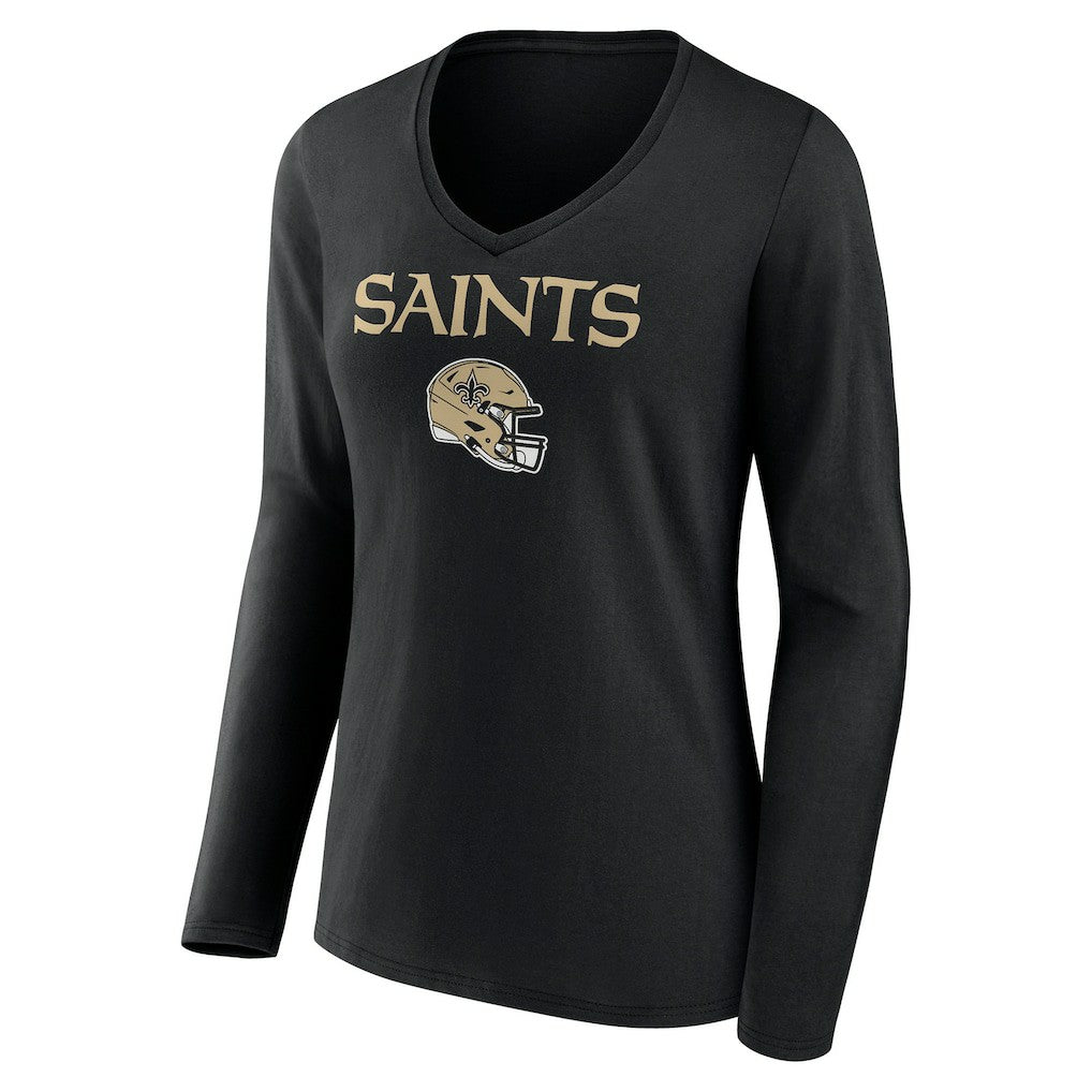 New Orleans Saints Women's Personalized Name & Number Team Wordmark Long Sleeve V-Neck T-Shirt Black
